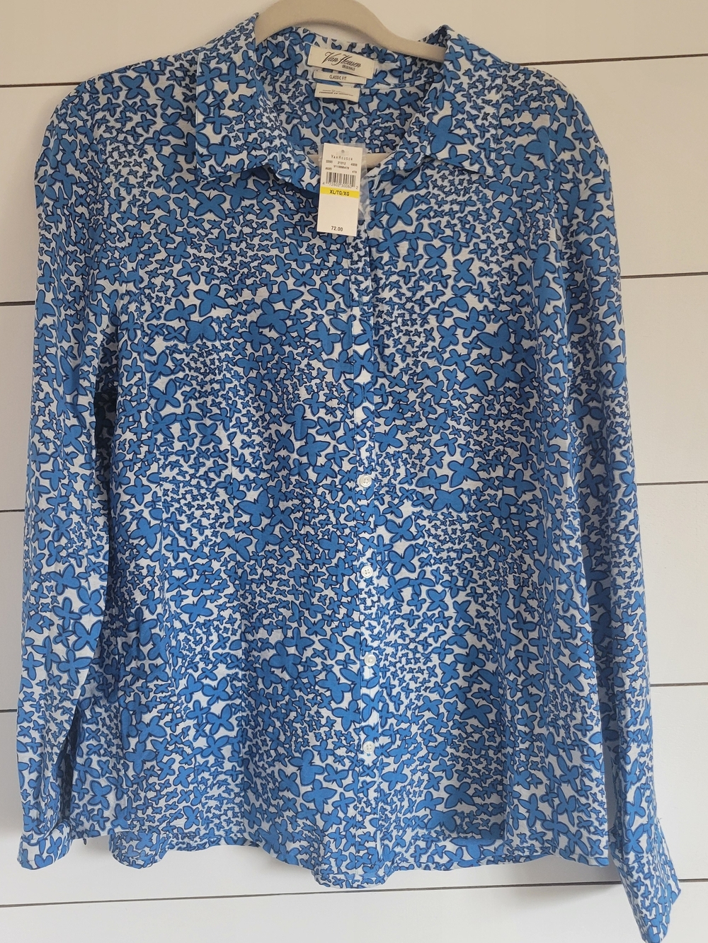 NWT Van Heusen Blue and White Butterfly-Print Button-Down Shirt Classic Fit XL